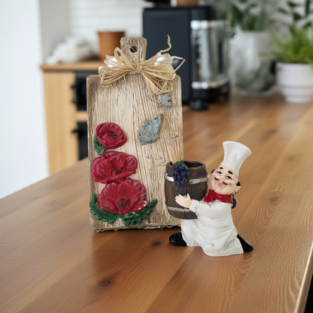 Petit Chef – Διακοσμητικό ξύλο κοπής με καθιστό μάγειρα-θήκη οδοντογλυφίδων, ιδανικό για δώρο κουζίνας με χιούμορ