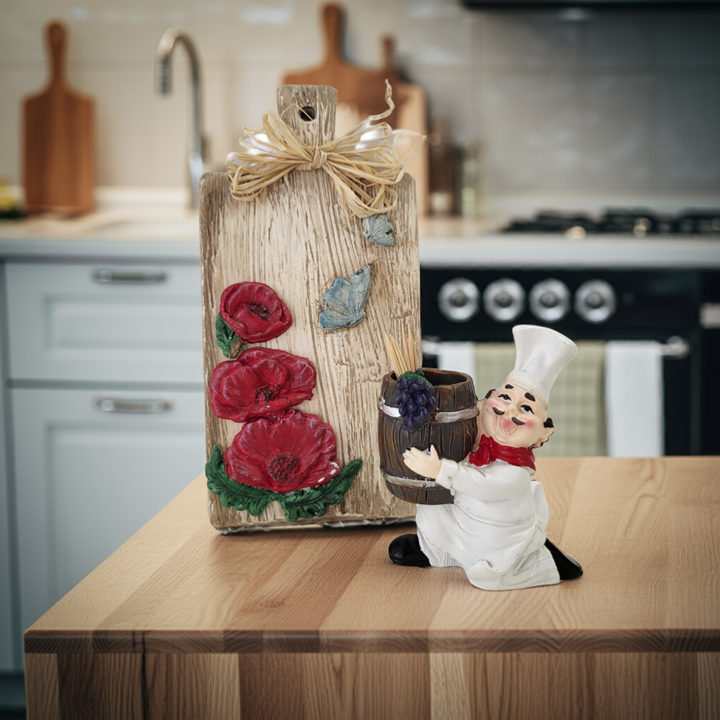 Petit Chef – Διακοσμητικό ξύλο κοπής με καθιστό μάγειρα-θήκη οδοντογλυφίδων, ιδανικό για δώρο κουζίνας με χιούμορ