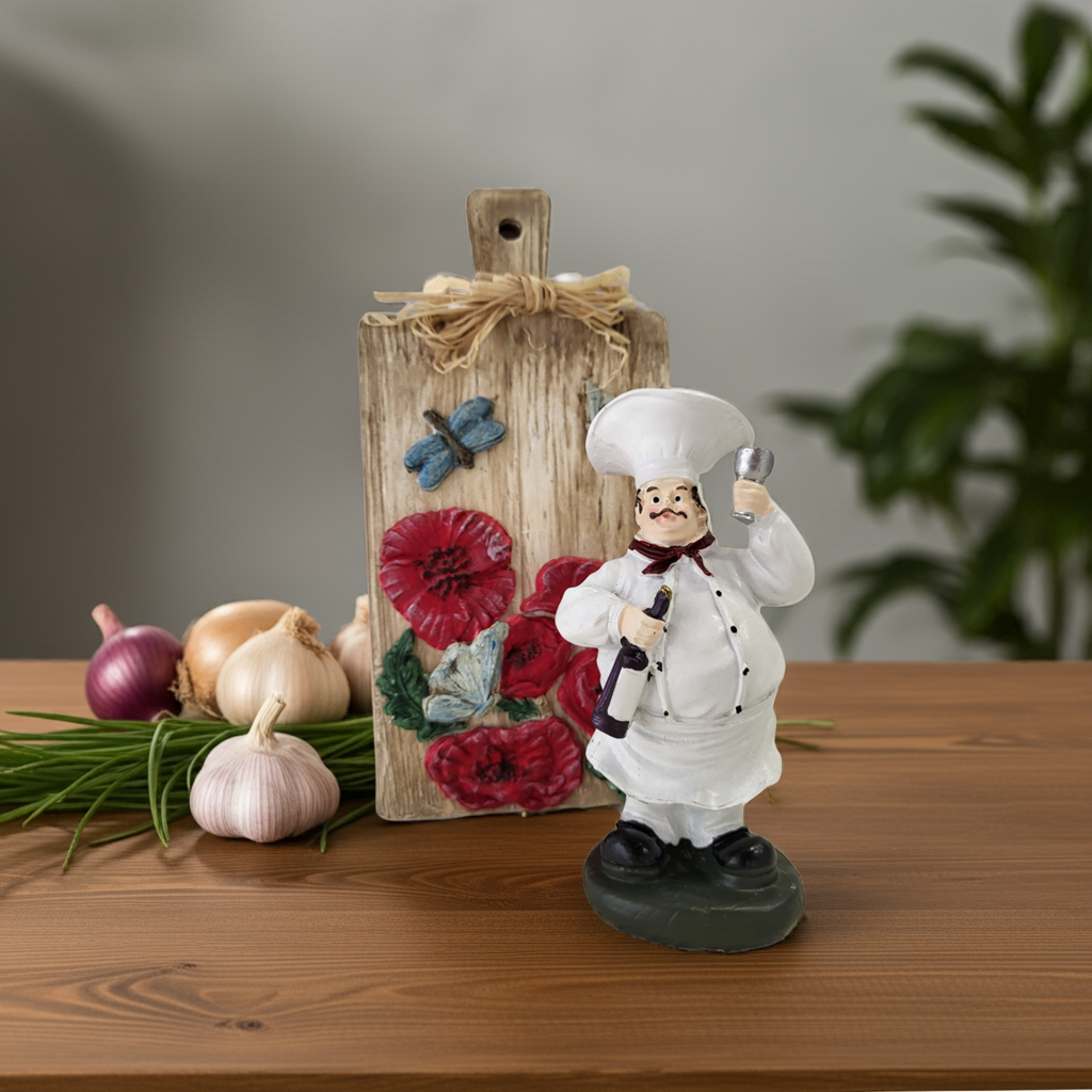 Chef de Bois – Χειροποίητο διακοσμητικό ξύλο κοπής με φιγούρα μάγειρα ύψους 14 εκ., ιδανικό για ράφι ή πάγκο κουζίνας