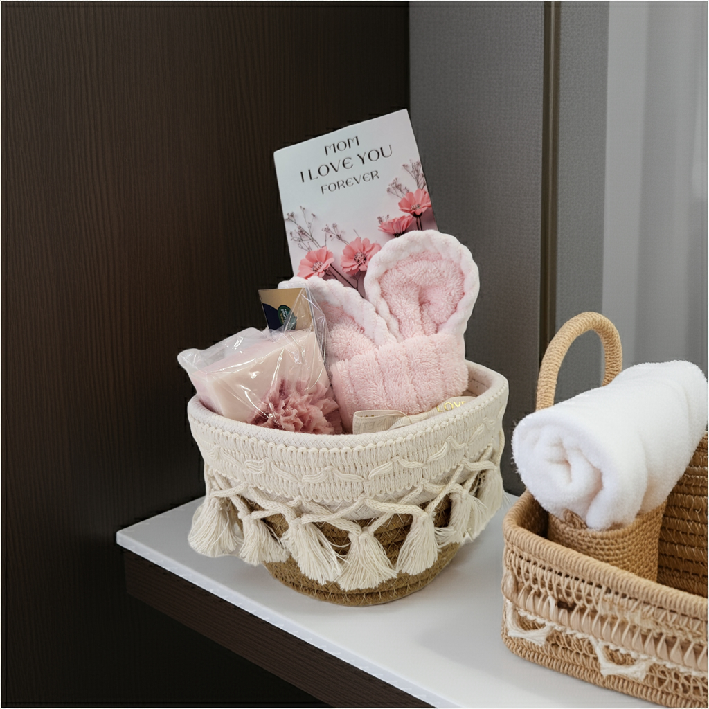Panier Rosé – Σετ δώρου με ροζ σαπούνι, πετσέτα και καλαθάκι Gloire De Luxe σε ράφι μπάνιου
