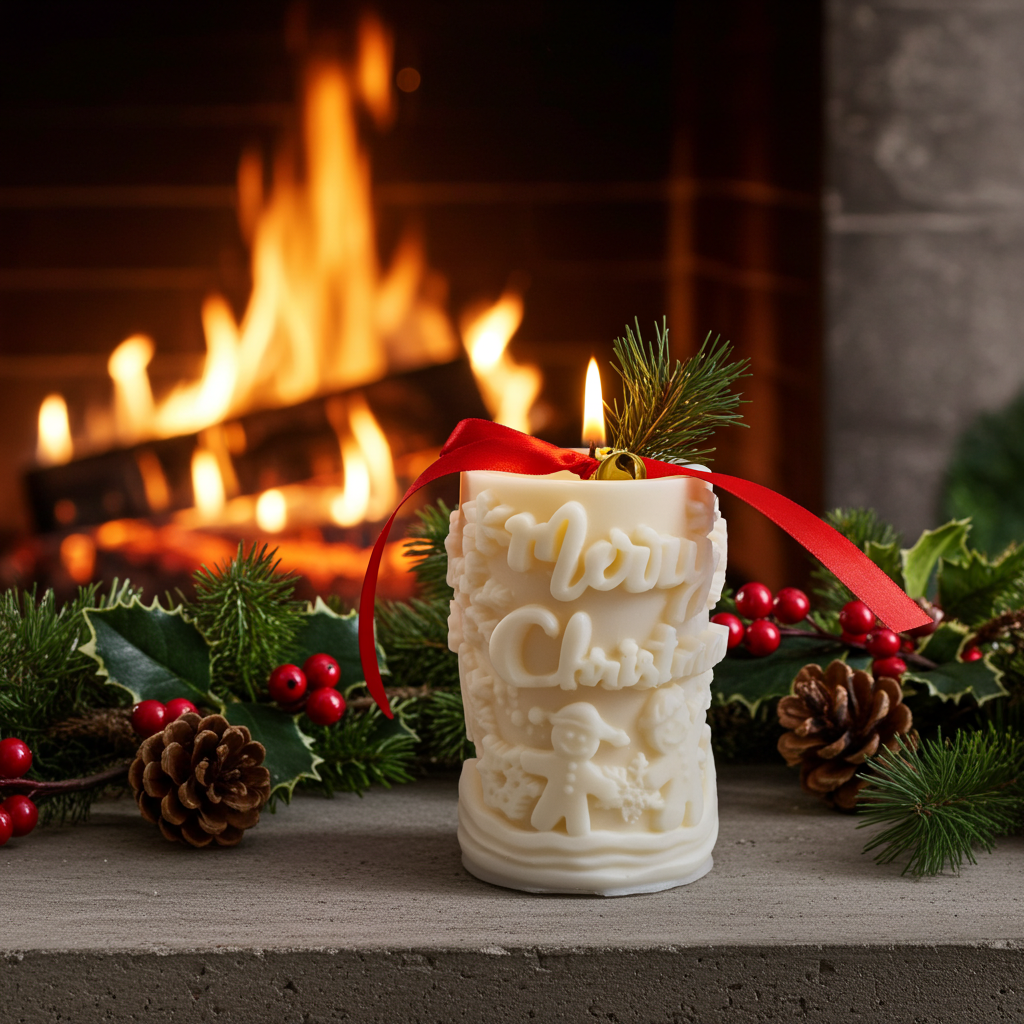 🎄 Χειροποίητο Κερί Σόγιας “Merry Christmas” – Άρωμα Μελομακάρονο