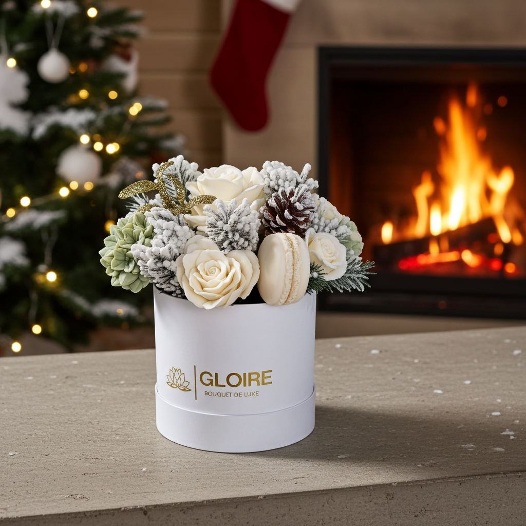 Λευκό χειμερινό μπουκέτο από σαπούνι με χιονισμένα κλαδιά και μακαρόν σε κουτί Gloire De Luxe.