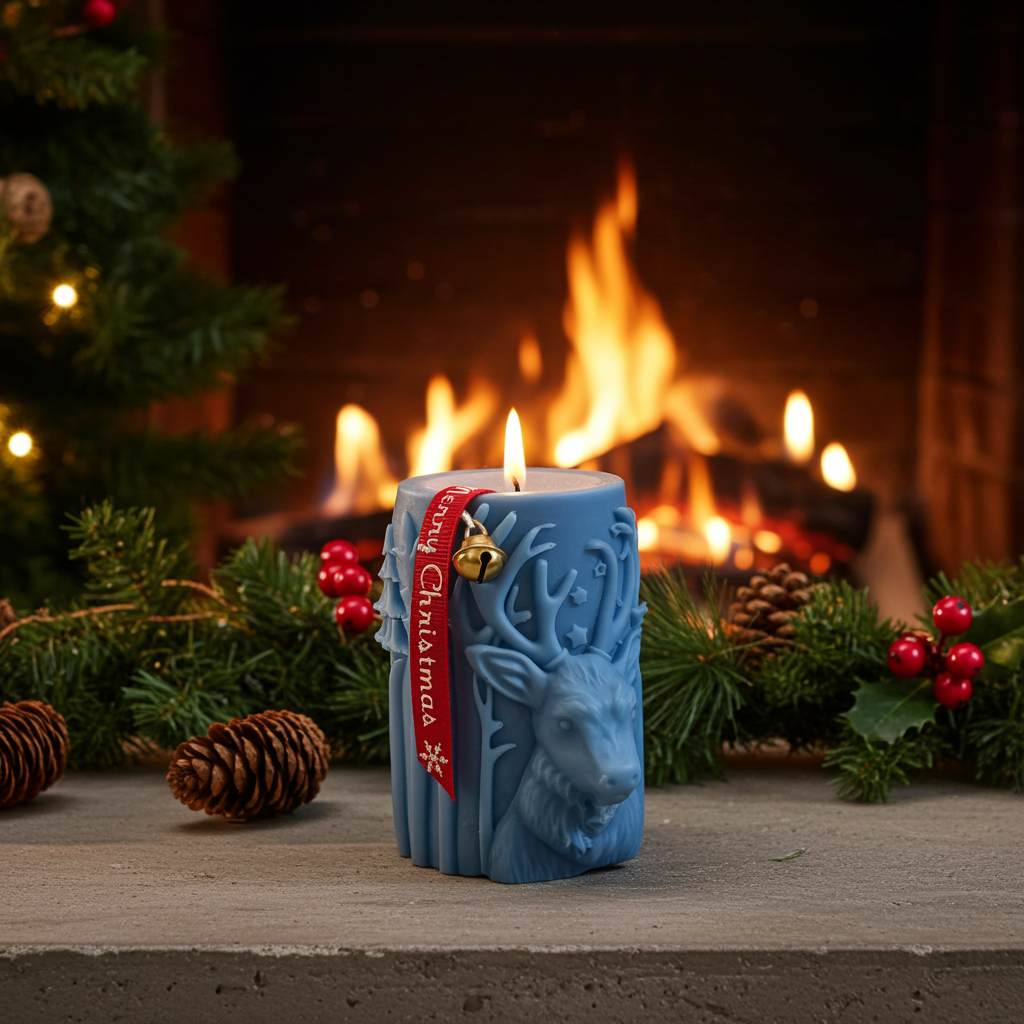 Χειροποίητο κερί σόγιας μπλε τάρανδος με άρωμα μελομακάρονο