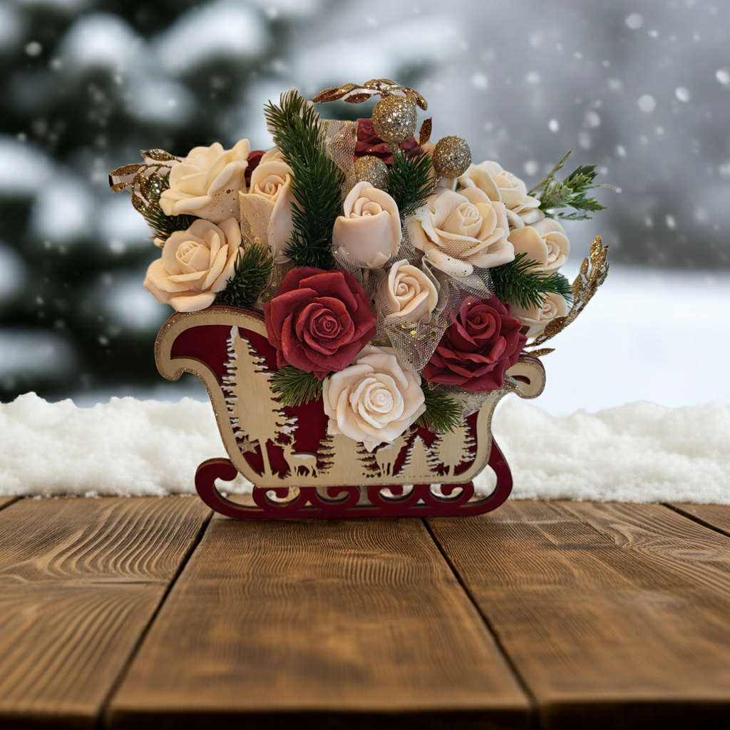 🎄 Noël Rouge Carriage – Χριστουγεννιάτικη Σύνθεση από Σαπούνι σε Ξύλινο Έλκηθρο