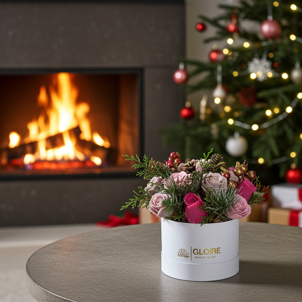 Handmade soap flower bouquet Winter Rose Luxe με χρυσές λεπτομέρειες και πράσινα κλαδιά.