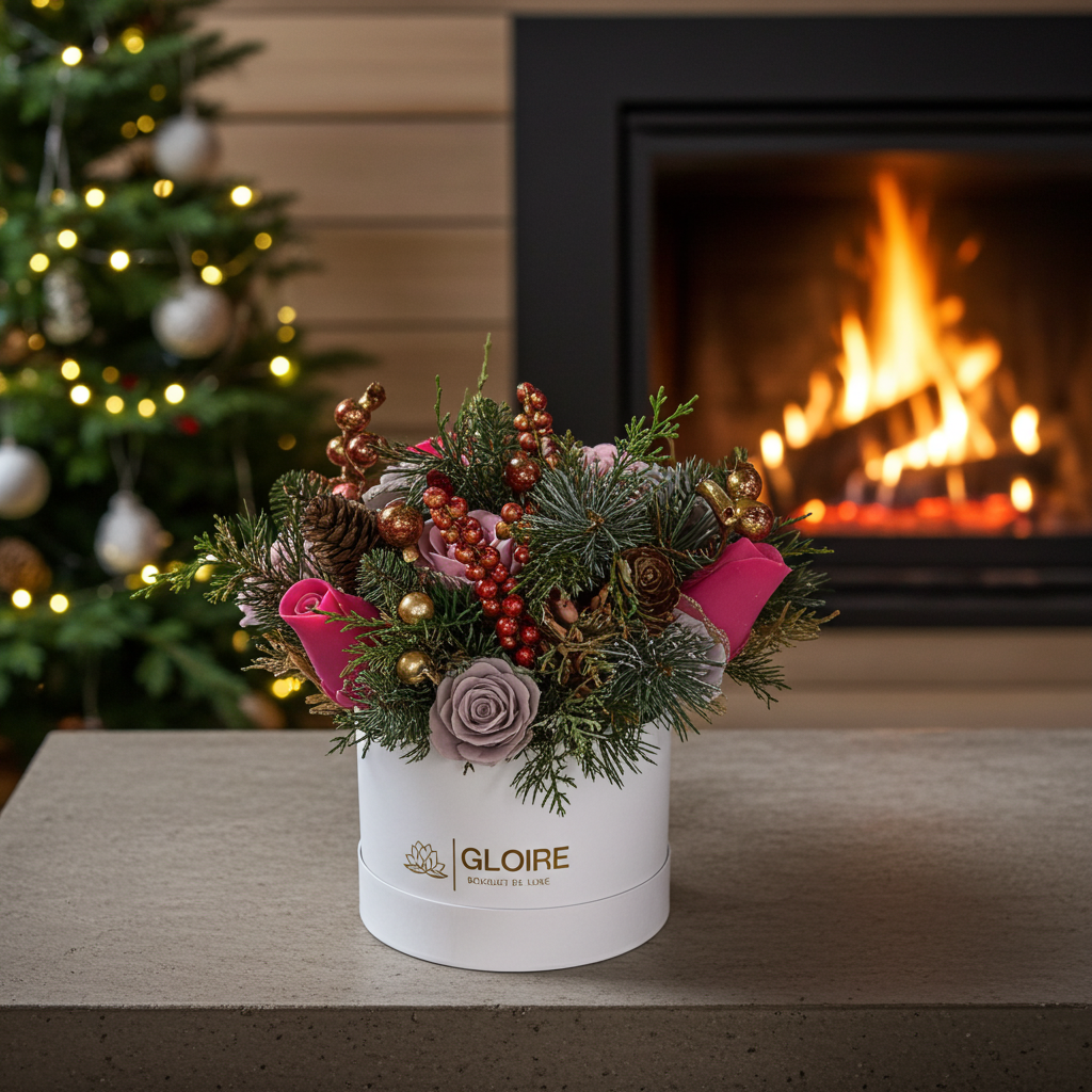 Handmade soap flower bouquet Winter Rose Luxe με χρυσές λεπτομέρειες και πράσινα κλαδιά.