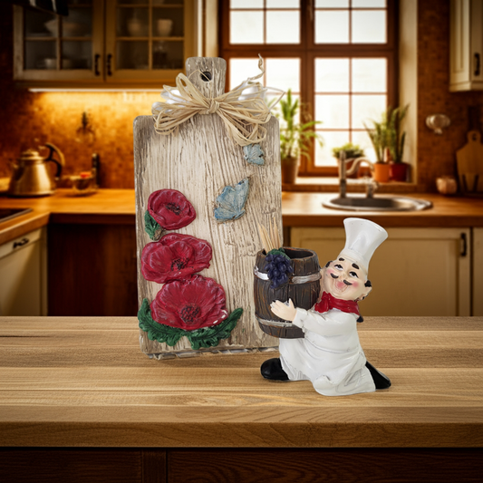 Petit Chef – Διακοσμητικό ξύλο κοπής με καθιστό μάγειρα-θήκη οδοντογλυφίδων, ιδανικό για δώρο κουζίνας με χιούμορ