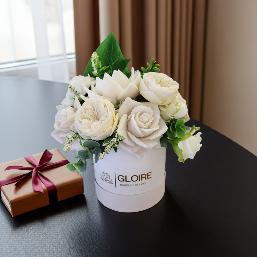 Nala – Scented soap flower bouquet in earthy nude tones, arranged in a gift box under natural light"