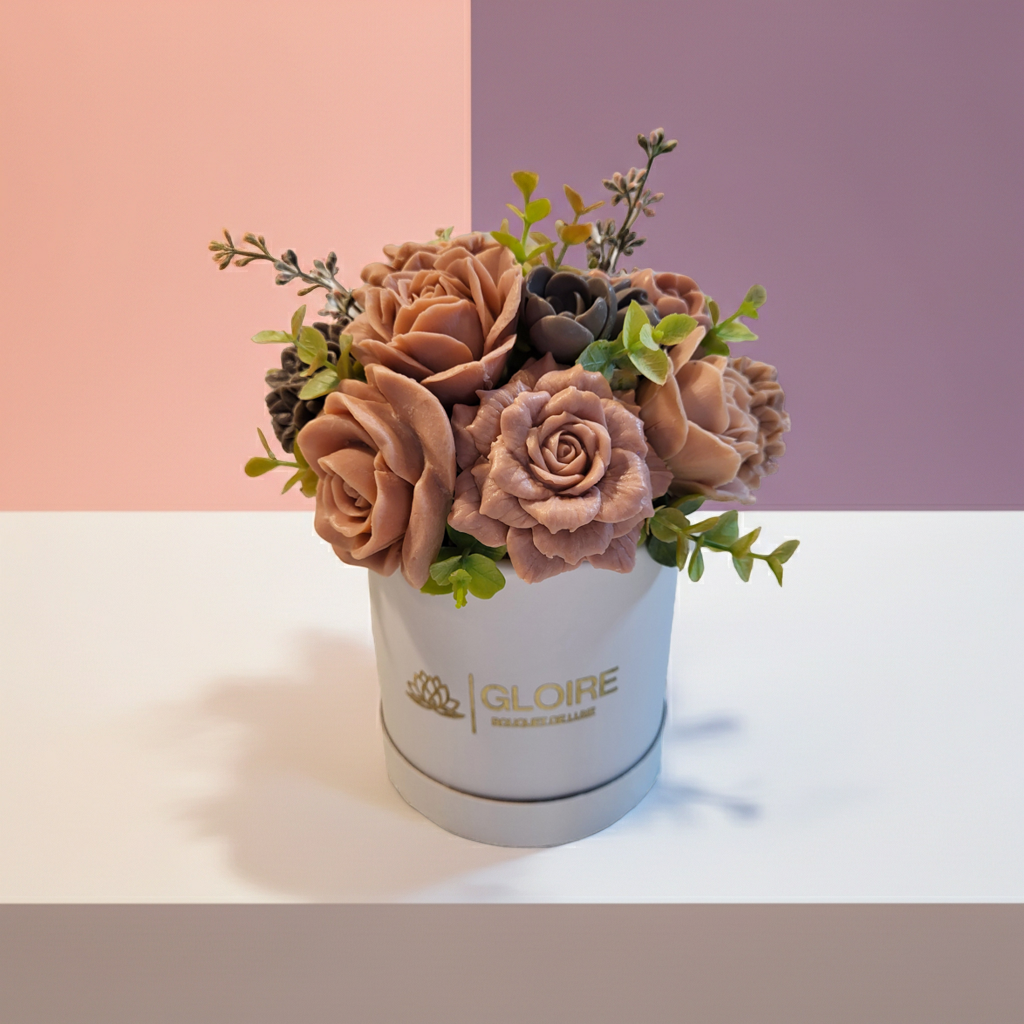 Χειροποίητο μπουκέτο σαπουνιού Éclat Café Rosé σε πολυτελές λευκό κουτί