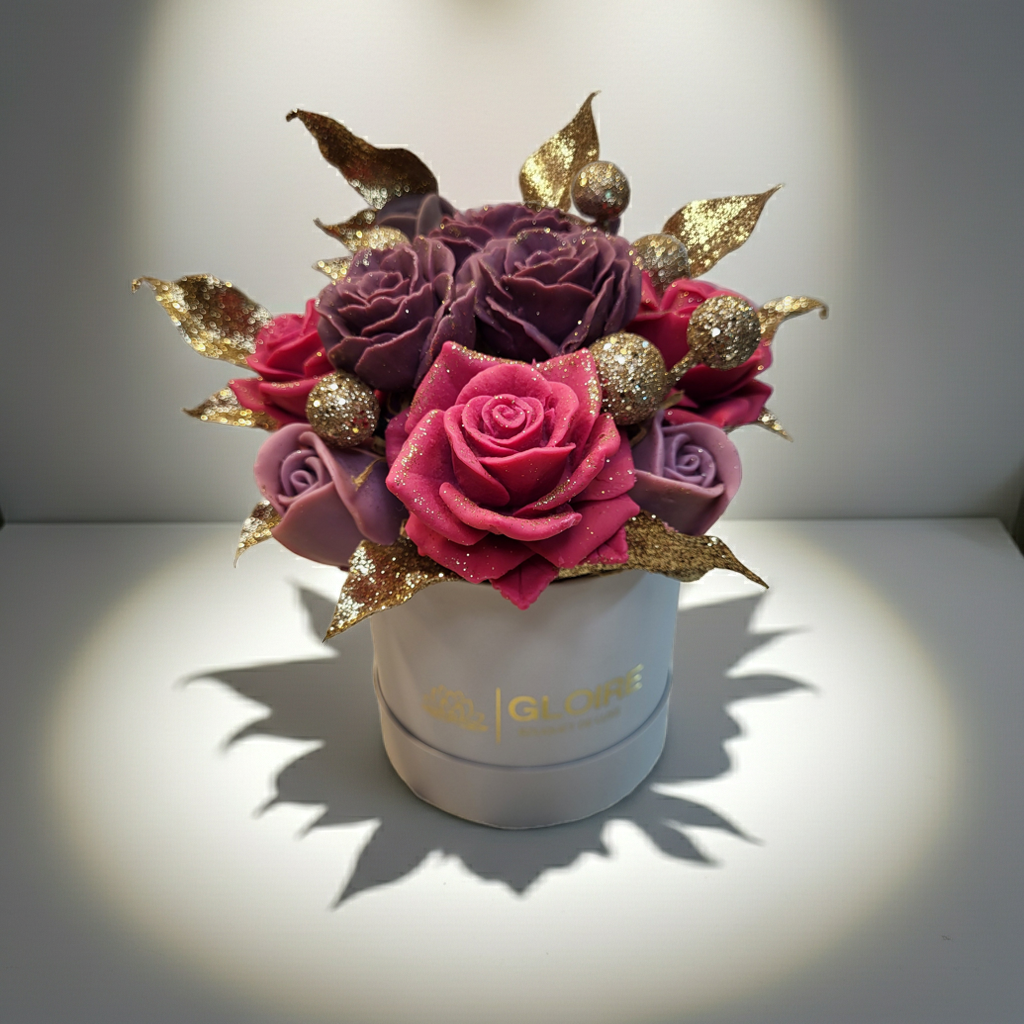 Handmade soap flower bouquet Rosé Gold Harmony με χρυσές λεπτομέρειες.