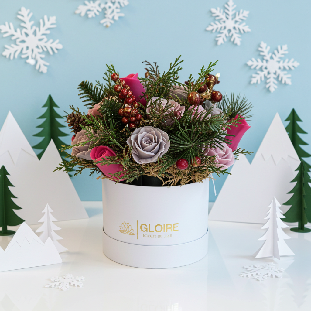 Χριστουγεννιάτικο μπουκέτο από σαπούνι σε κουτί Gloire De Luxe με λιλά και φούξια τριαντάφυλλα.