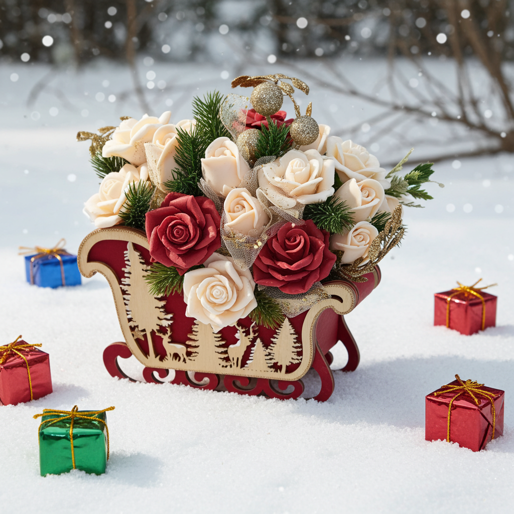 🎄 Noël Rouge Carriage – Χριστουγεννιάτικη Σύνθεση από Σαπούνι σε Ξύλινο Έλκηθρο