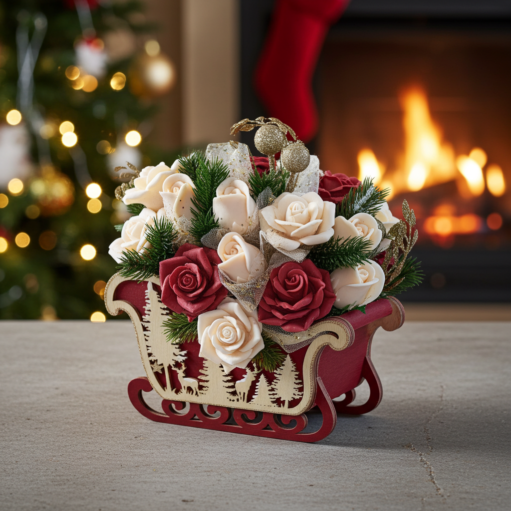 🎄 Noël Rouge Carriage – Χριστουγεννιάτικη Σύνθεση από Σαπούνι σε Ξύλινο Έλκηθρο