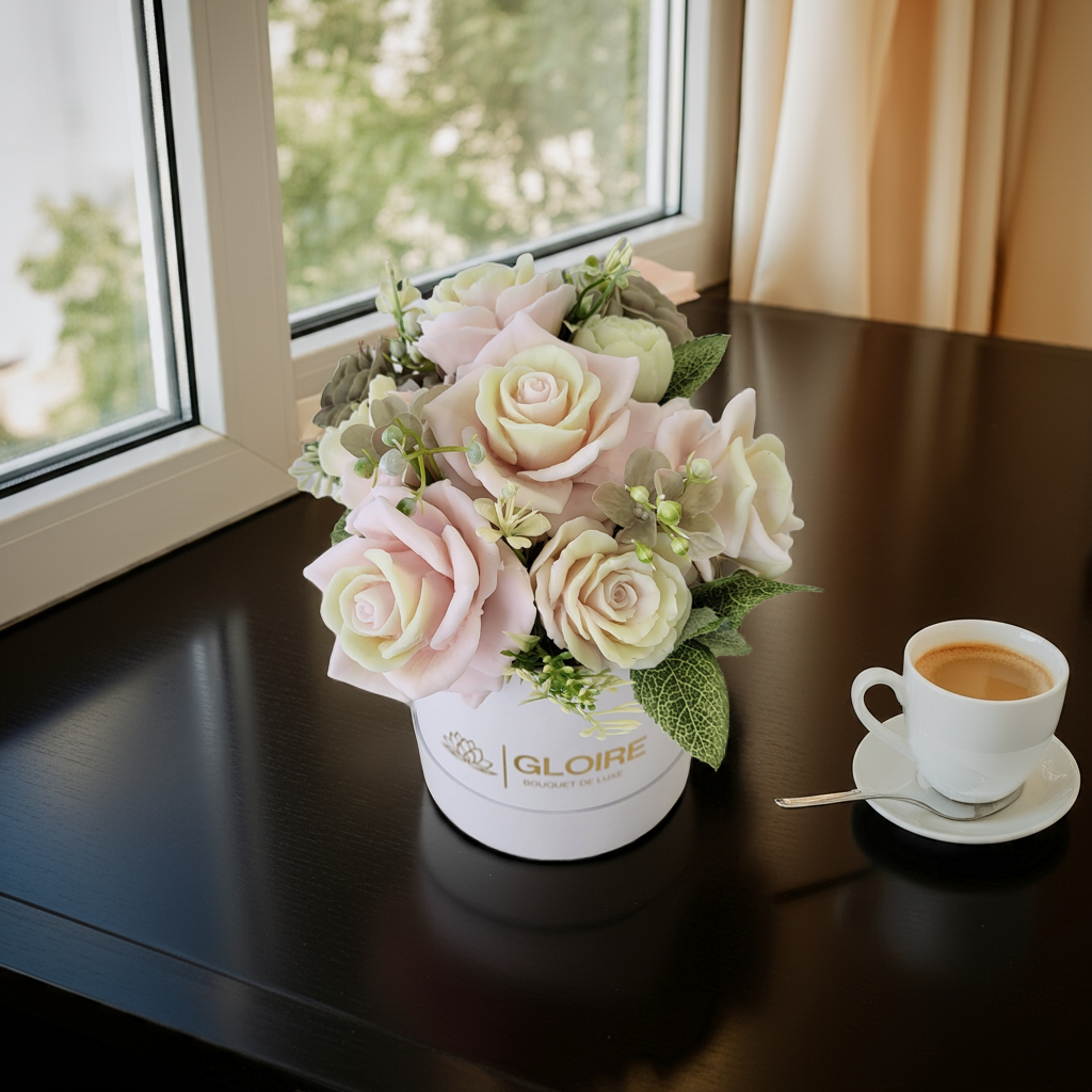 Bouquet Soleil – Scented soap flower bouquet in soft pink and yellow tones, arranged in a gift box under natural light"
