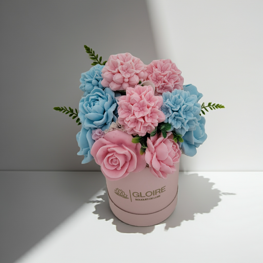 Διακοσμητικό μπουκέτο σαπουνιού ροζ και λιλά σε πολυτελή συσκευασία