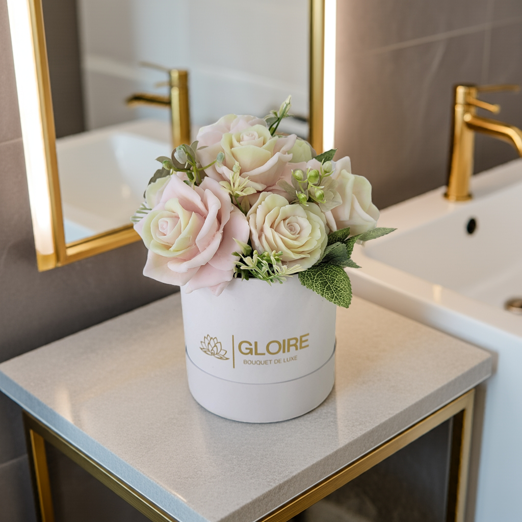 Bouquet Soleil – Μπουκέτο από αρωματικά σαπούνια σε απαλές ροζ και κίτρινες αποχρώσεις, τοποθετημένο σε κουτί δώρου με φυσικό φωτισμό"