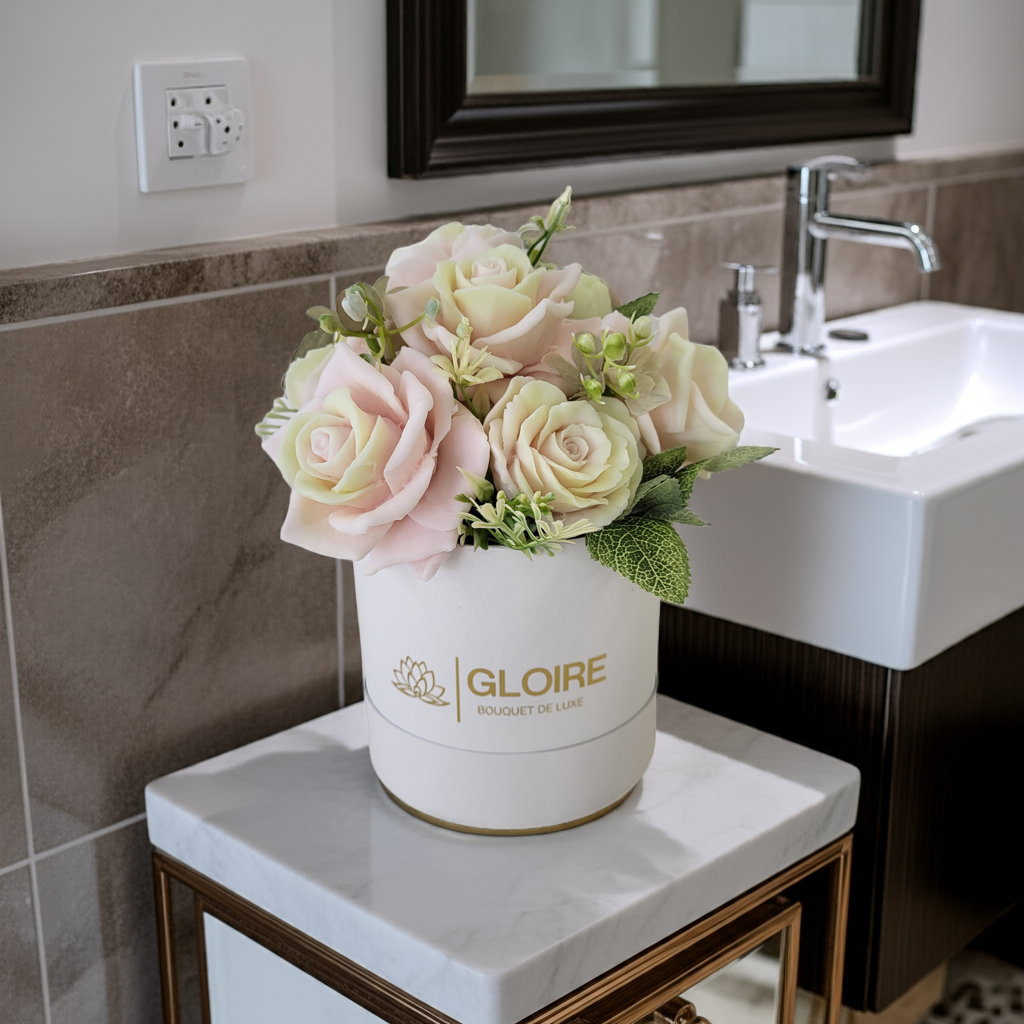 Bouquet Soleil – Μπουκέτο από αρωματικά σαπούνια σε απαλές ροζ και κίτρινες αποχρώσεις, τοποθετημένο σε κουτί δώρου με φυσικό φωτισμό"