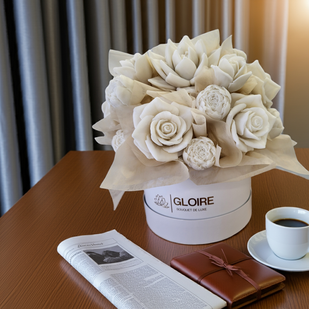 Lune Blanche – White bouquet of scented soap flowers in a gift box with ecru details, captured in natural light"

