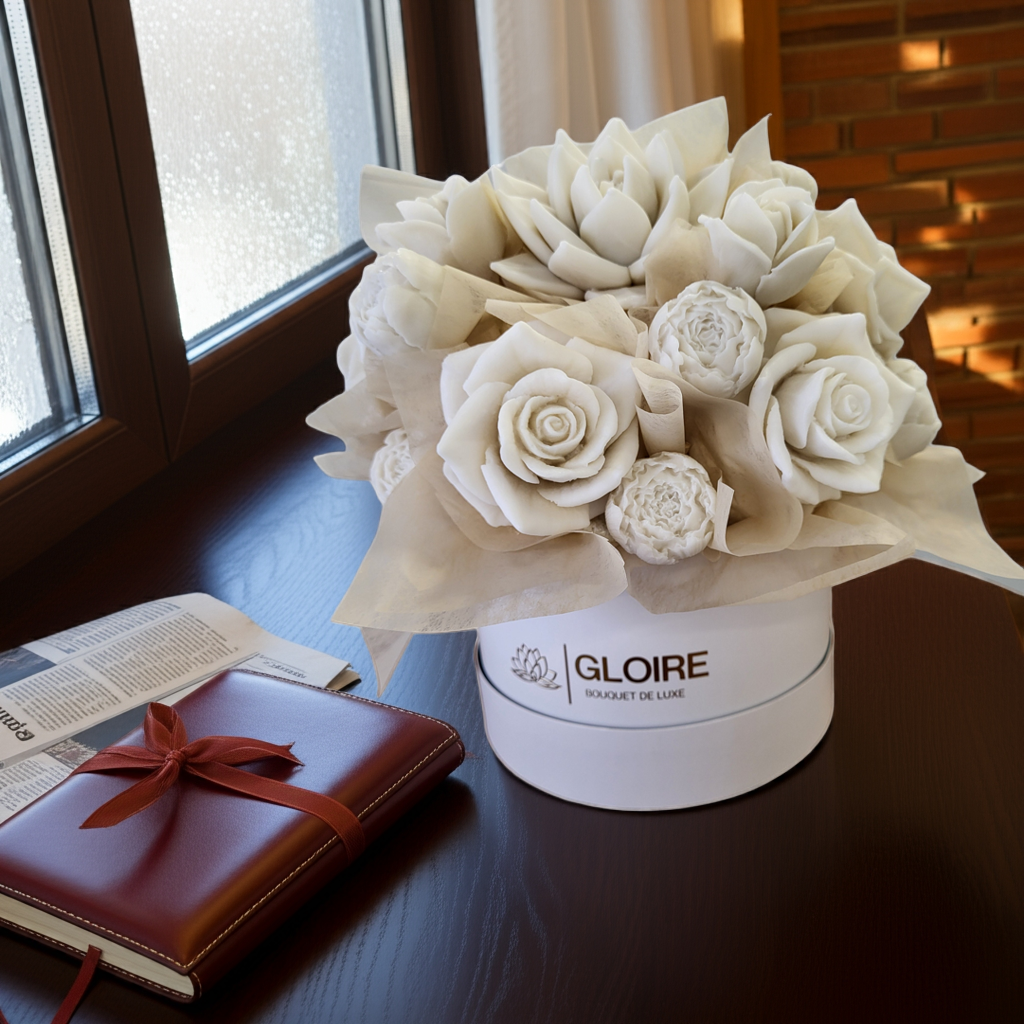 Lune Blanche – White bouquet of scented soap flowers in a gift box with ecru details, captured in natural light"

