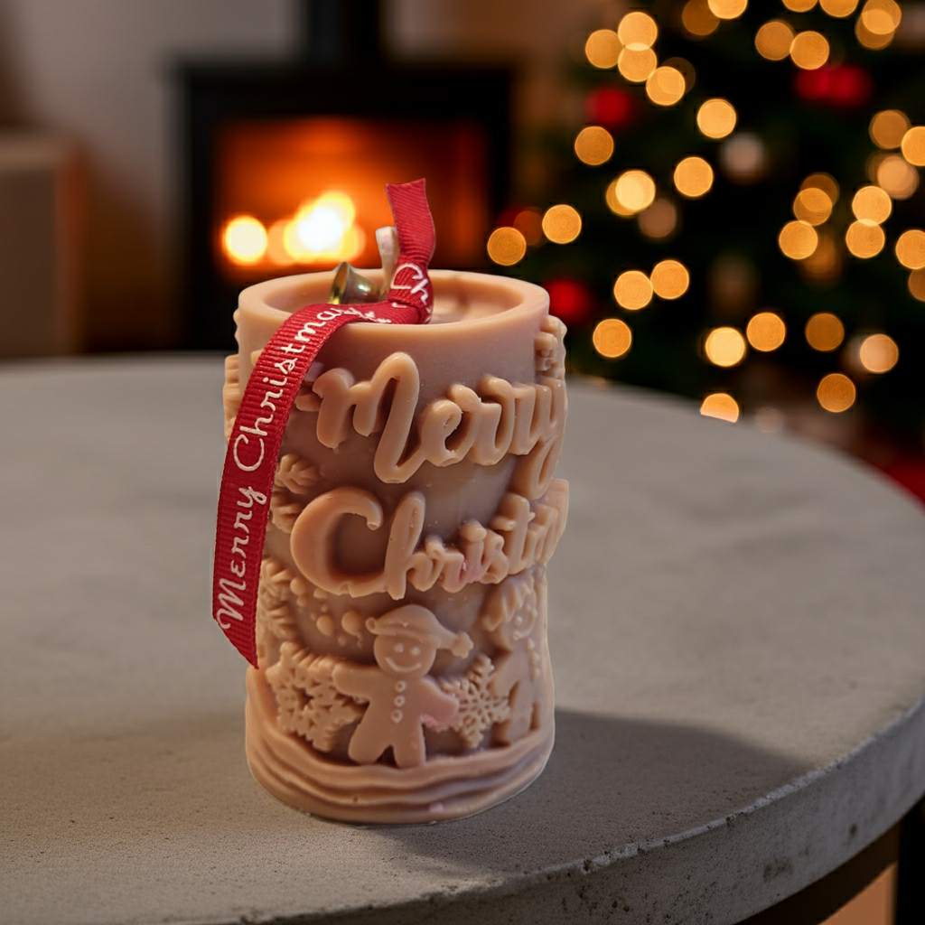 🎄 Χειροποίητο Κερί Σόγιας “Merry Christmas” – Άρωμα Μελομακάρονο