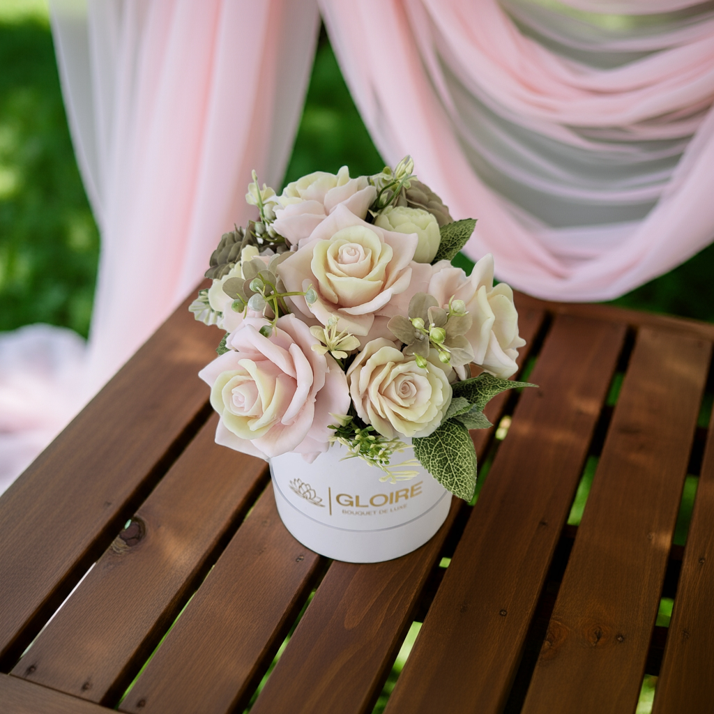 Bouquet Soleil – Scented soap flower bouquet in soft pink and yellow tones, arranged in a gift box under natural light"