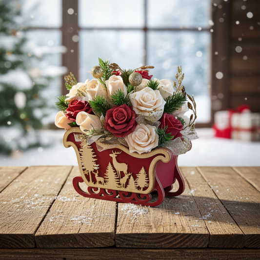 🎄 Noël Rouge Carriage – Χριστουγεννιάτικη Σύνθεση από Σαπούνι σε Ξύλινο Έλκηθρο