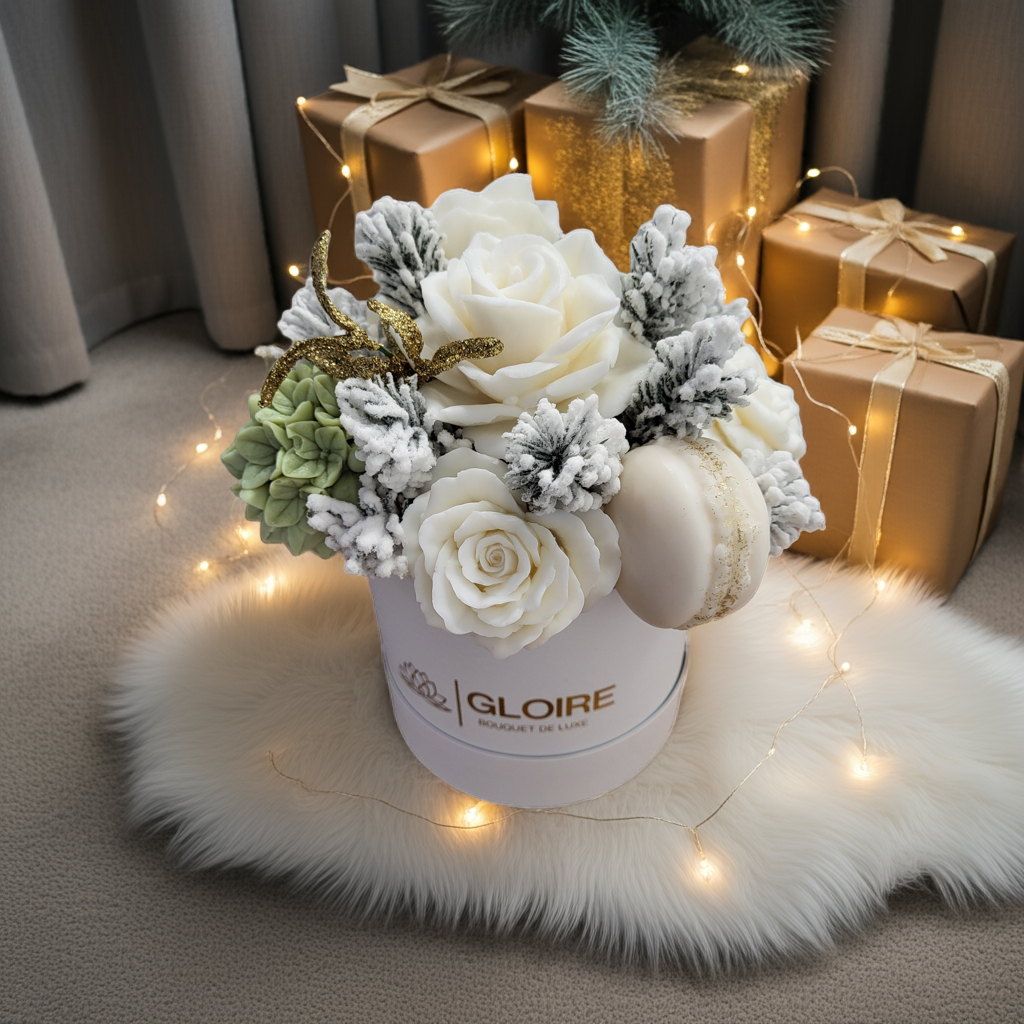 Snowy Elegance – minimal χριστουγεννιάτικη σύνθεση από λευκά soap flowers.