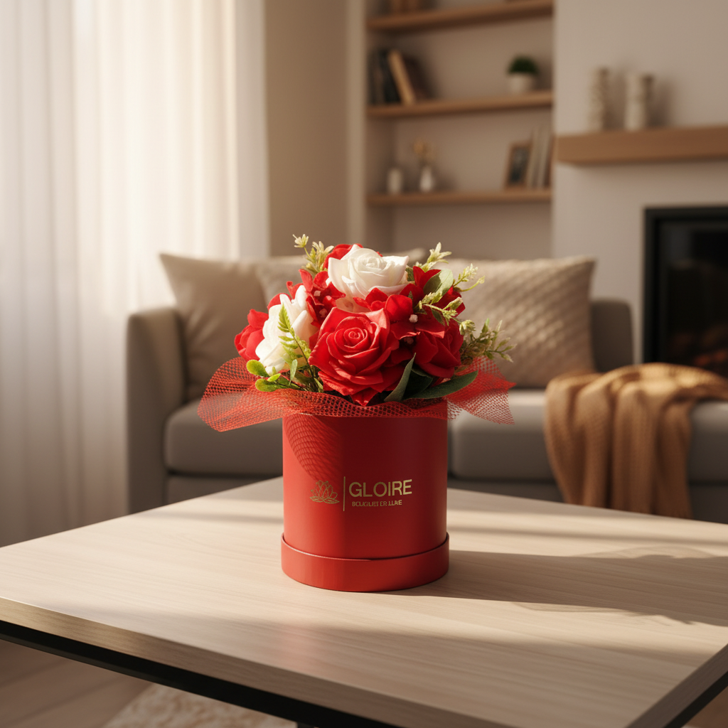Luxury δώρο Rouge Élégance σε ξύλινο τραπέζι με ζεστή ατμόσφαιρα σπιτιού
