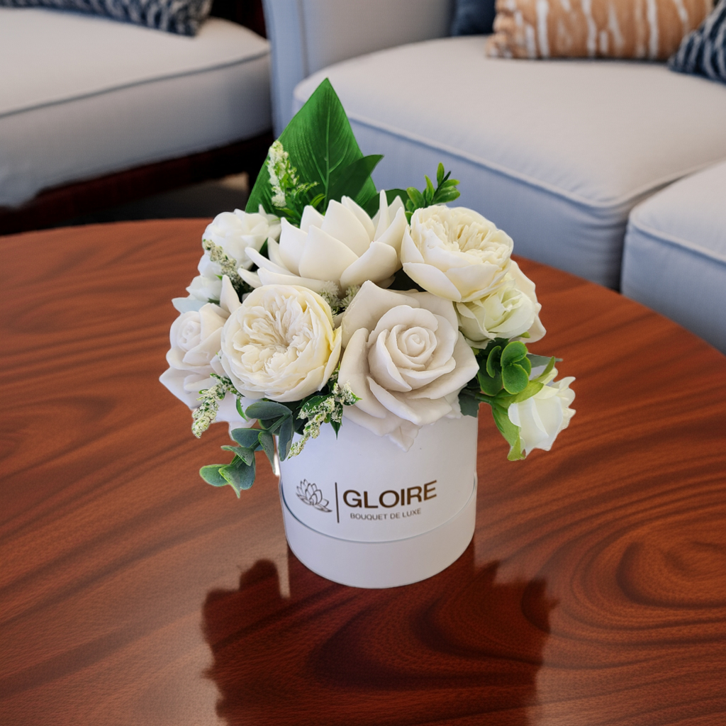 Nala – Scented soap flower bouquet in earthy nude tones, arranged in a gift box under natural light"