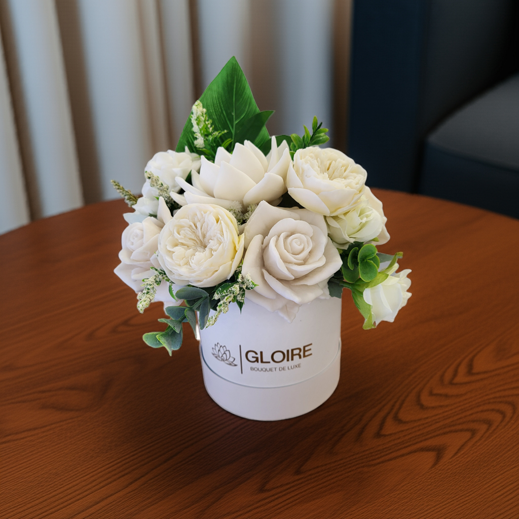 Nala – Scented soap flower bouquet in earthy nude tones, arranged in a gift box under natural light"