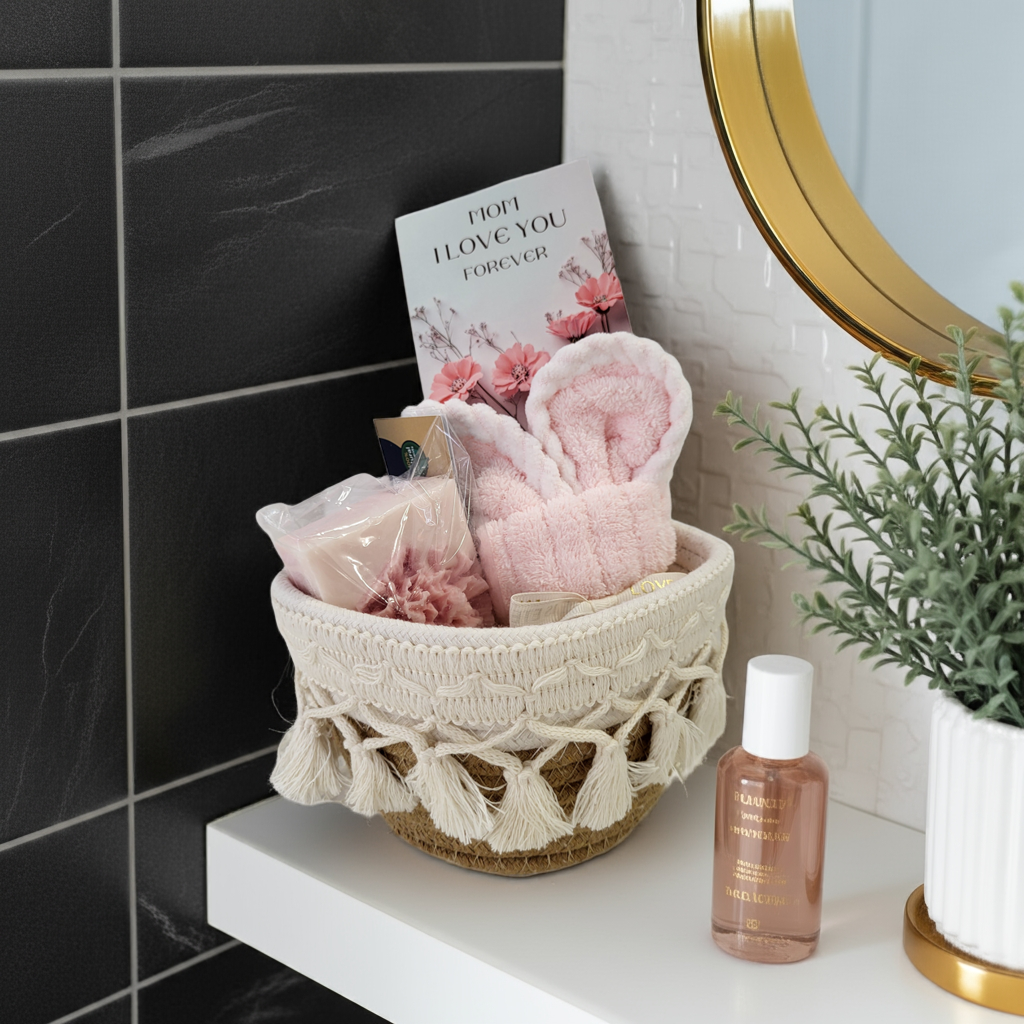 Panier Rosé – Σετ δώρου με ροζ σαπούνι, πετσέτα και καλαθάκι Gloire De Luxe σε ράφι μπάνιου