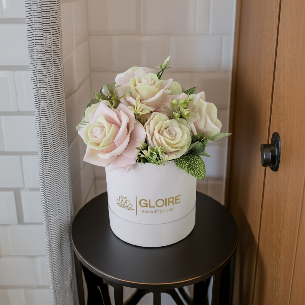 Bouquet Soleil – Μπουκέτο από αρωματικά σαπούνια σε απαλές ροζ και κίτρινες αποχρώσεις, τοποθετημένο σε κουτί δώρου με φυσικό φωτισμό"