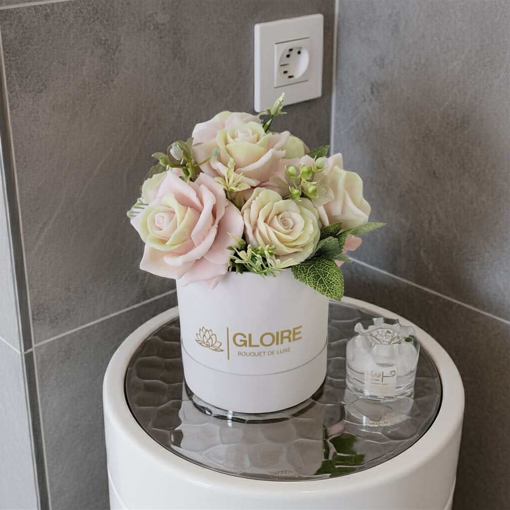 Bouquet Soleil – Μπουκέτο από αρωματικά σαπούνια σε απαλές ροζ και κίτρινες αποχρώσεις, τοποθετημένο σε κουτί δώρου με φυσικό φωτισμό"